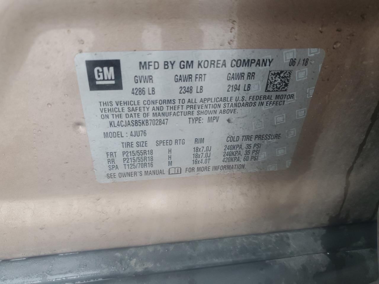 2019 Buick Encore Preferred VIN: KL4CJASB5KB702847 Lot: 81190385