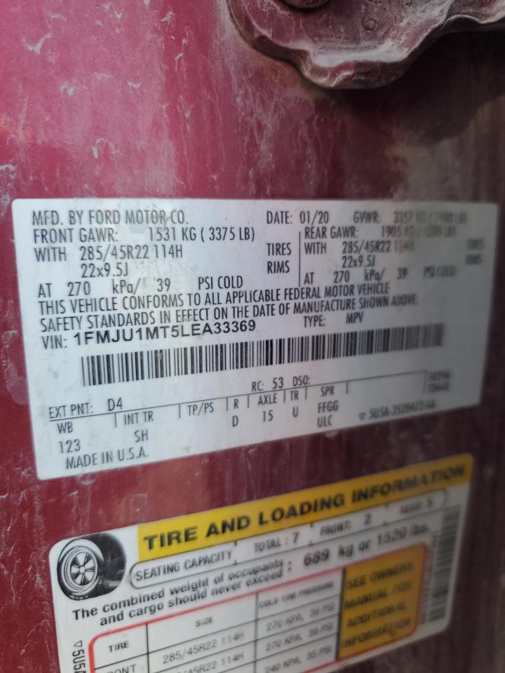 2020 Ford Expedition Platinum VIN: 1FMJU1MT5LEA33369 Lot: 81820835
