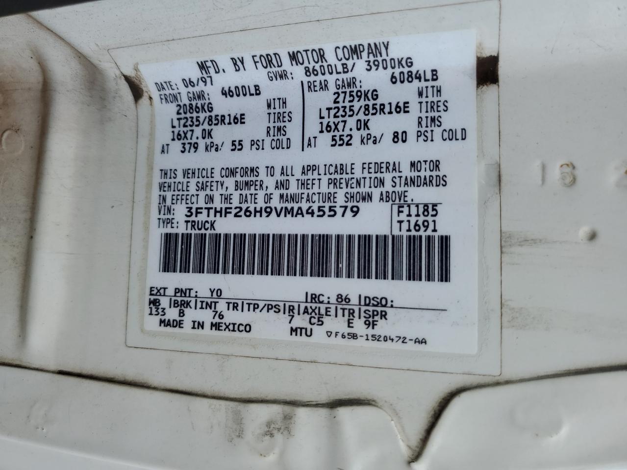 1997 Ford F250 VIN: 3FTHF26H9VMA45579 Lot: 81226225