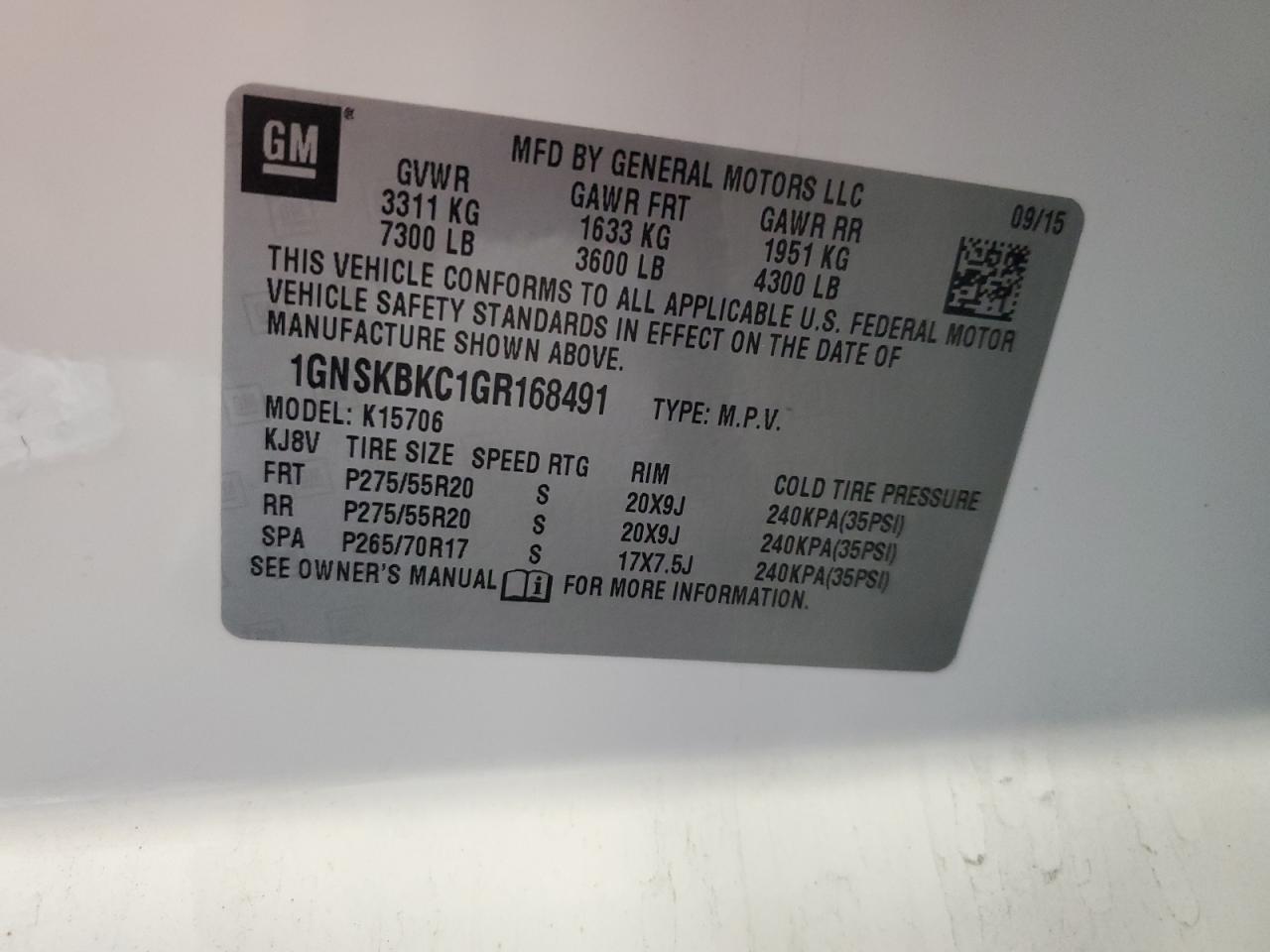 2016 Chevrolet Tahoe K1500 Lt VIN: 1GNSKBKC1GR168491 Lot: 81895415