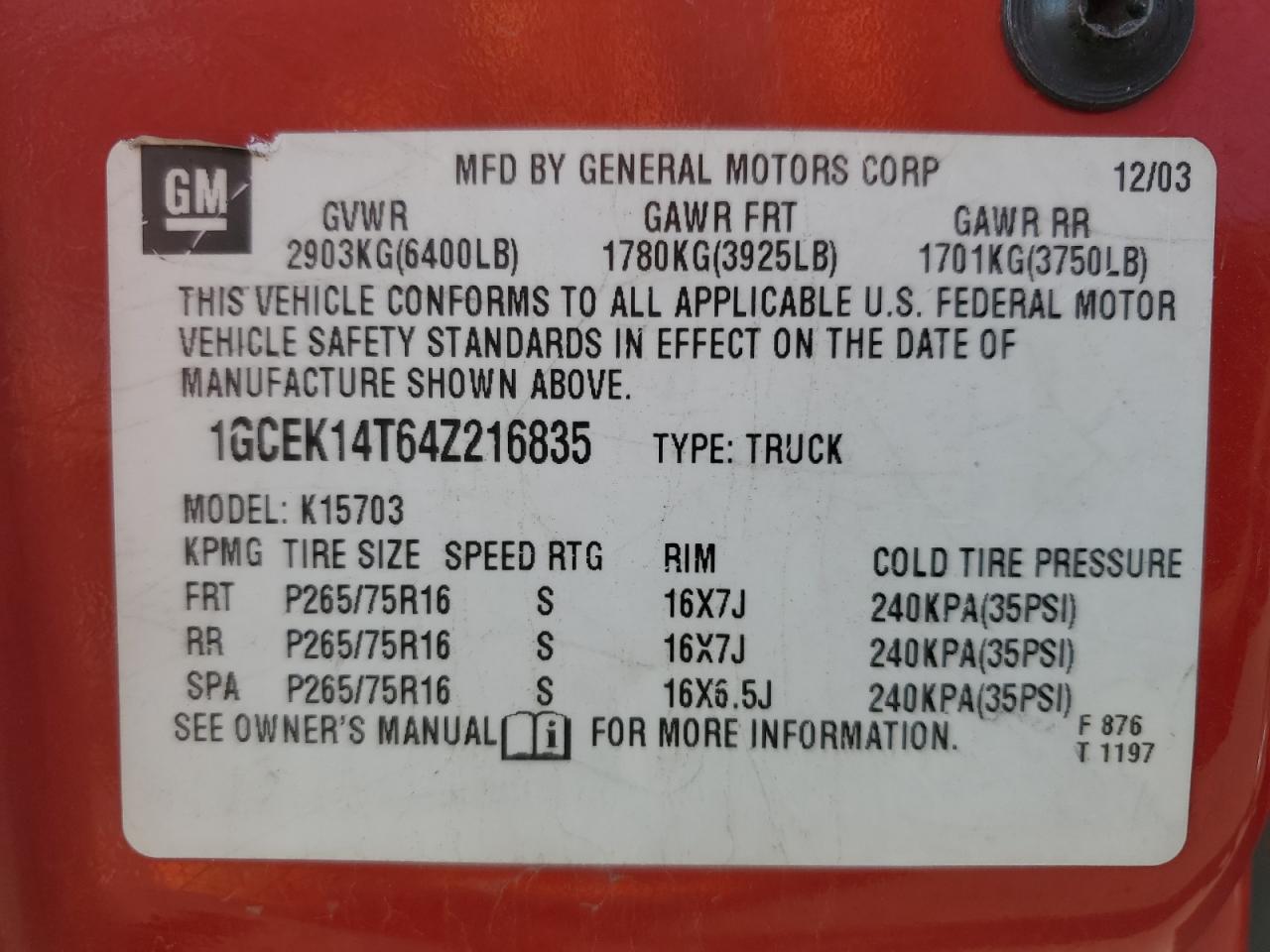 2004 Chevrolet Silverado K1500 VIN: 1GCEK14T64Z216835 Lot: 84621265