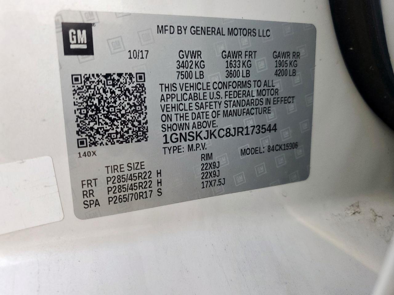 2018 Chevrolet Suburban K1500 Premier VIN: 1GNSKJKC8JR173544 Lot: 71486535