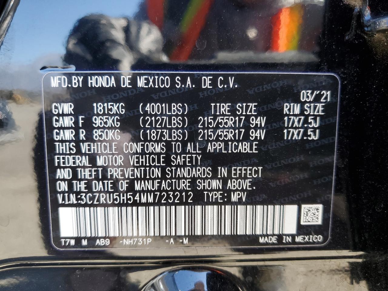 2021 Honda Hr-V Ex VIN: 3CZRU5H54MM723212 Lot: 80017025