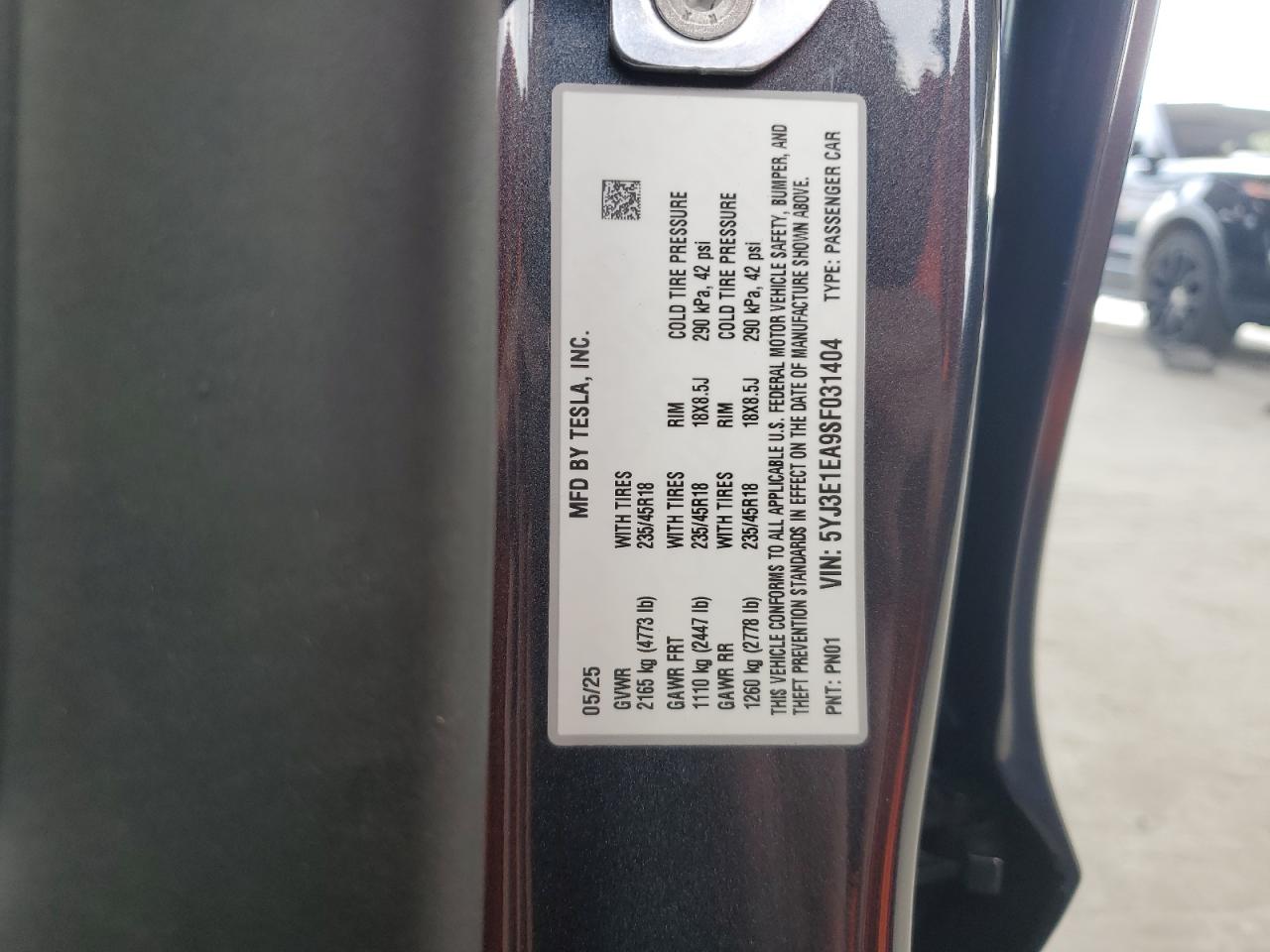 2025 Tesla Model 3 VIN: 5YJ3E1EA9SF031404 Lot: 71526345