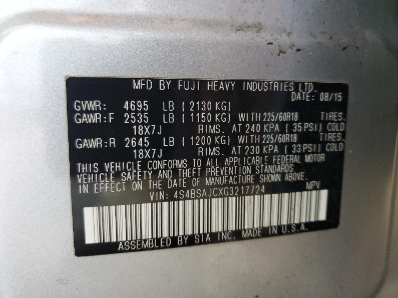 2016 Subaru Outback 2.5I Limited VIN: 4S4BSAJCXG3217724 Lot: 71897065