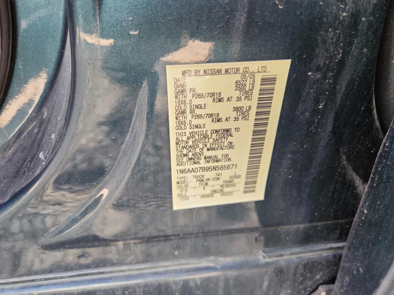 2005 Nissan Titan Xe VIN: 1N6AA07B95N565671 Lot: 80741025