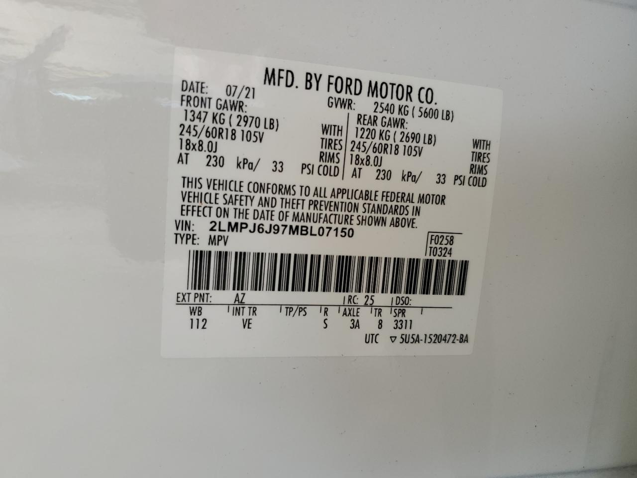 2021 Lincoln Nautilus VIN: 2LMPJ6J97MBL07150 Lot: 67858545