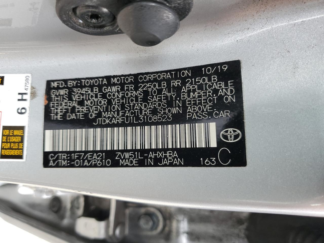 2020 Toyota Prius L VIN: JTDKARFU1L3108523 Lot: 71521755