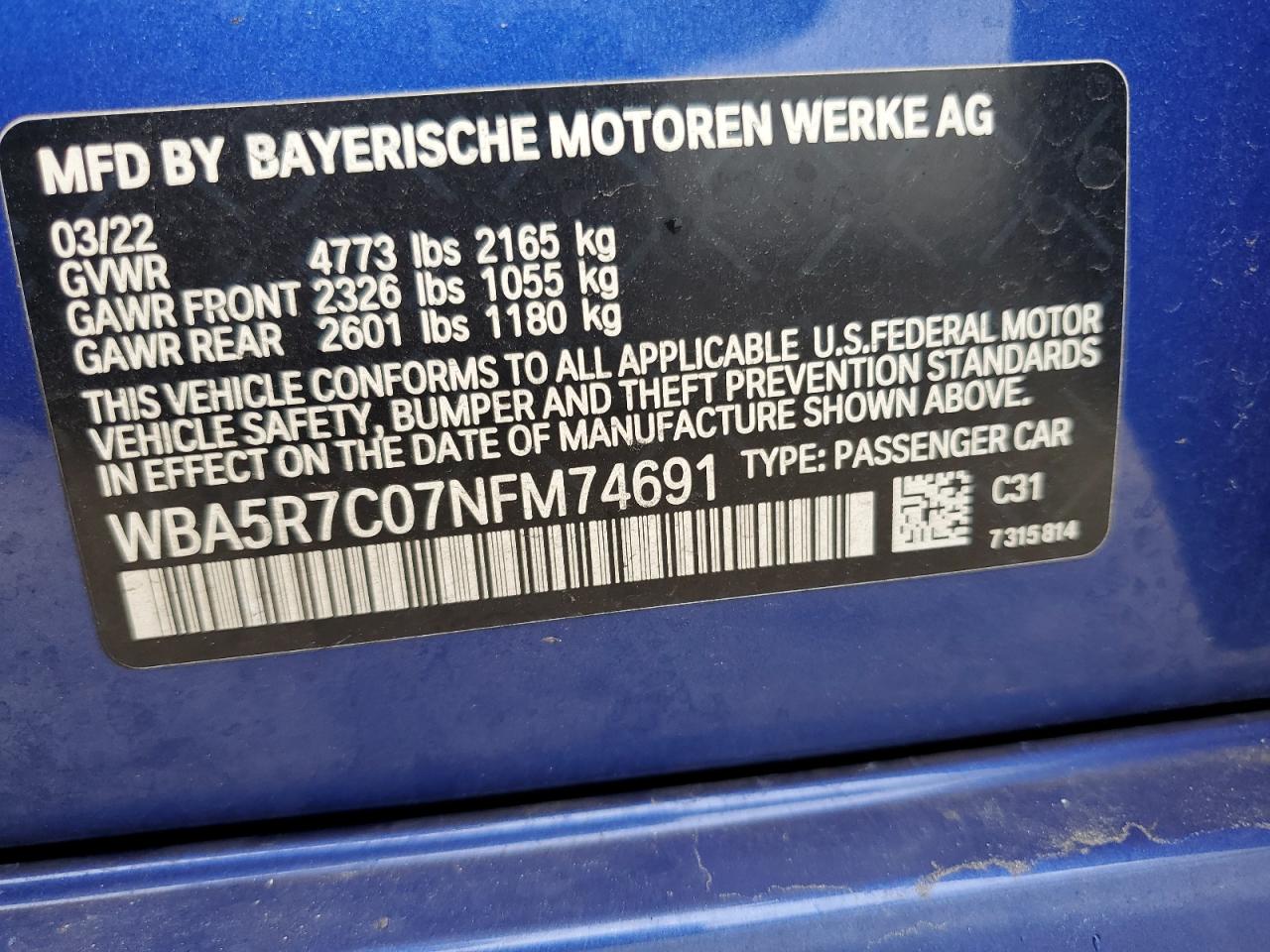 2022 BMW 330Xi VIN: WBA5R7C07NFM74691 Lot: 84400135
