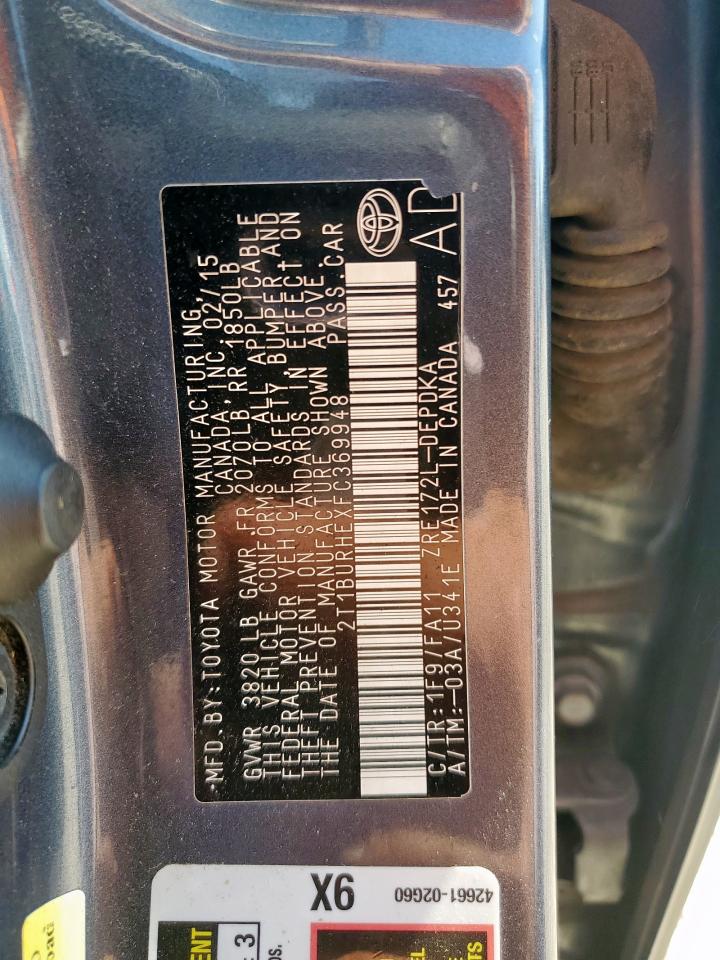 2015 Toyota Corolla L VIN: 2T1BURHEXFC369948 Lot: 83821435