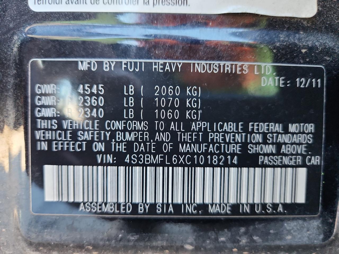 2012 Subaru Legacy 2.5Gt Limited VIN: 4S3BMFL6XC1018214 Lot: 81840125