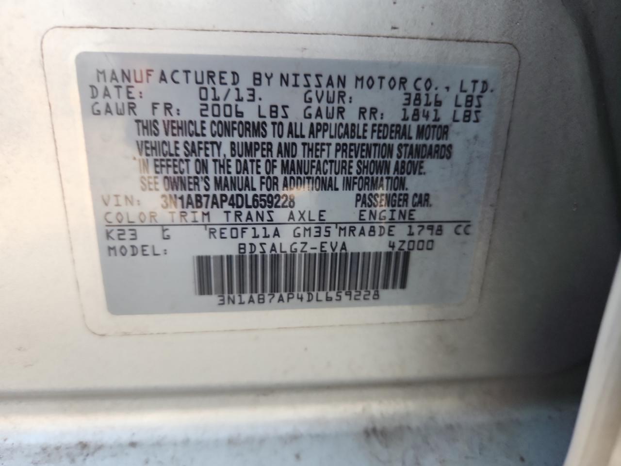 2013 Nissan Sentra S VIN: 3N1AB7AP4DL659228 Lot: 81252505