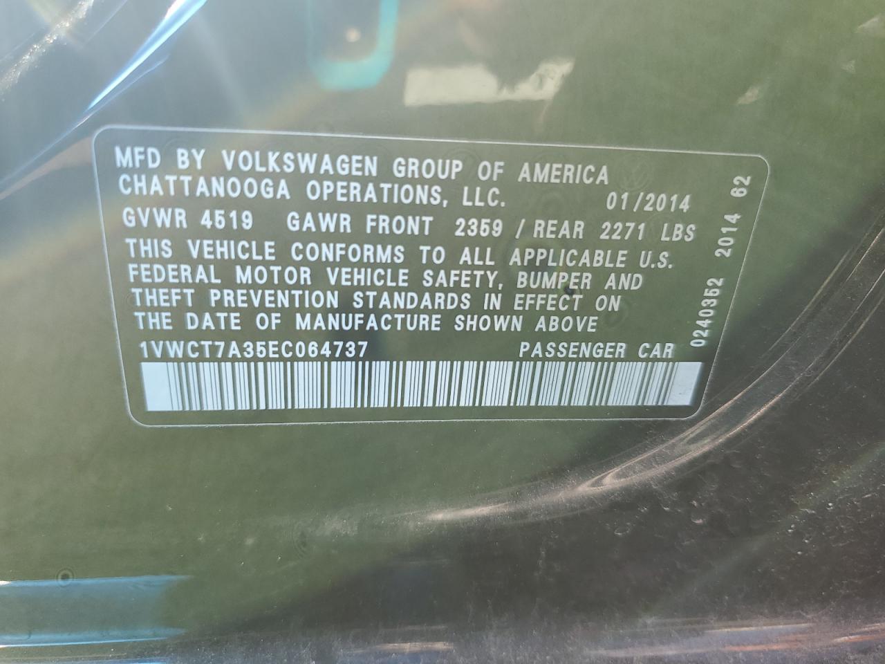 2014 Volkswagen Passat Sel VIN: 1VWCT7A35EC064737 Lot: 80858725