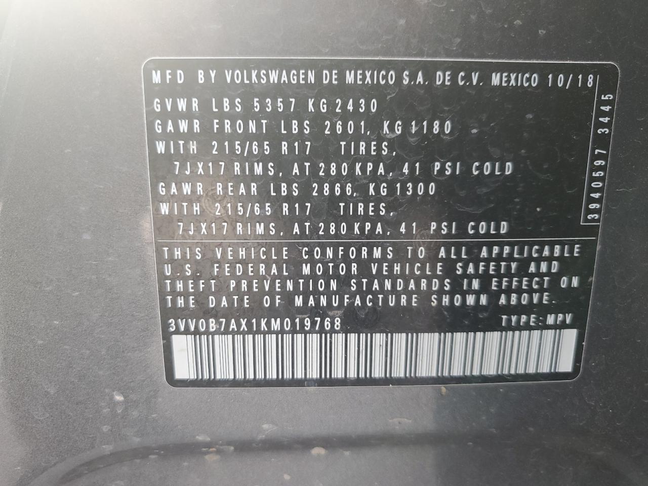 2019 Volkswagen Tiguan S VIN: 3VV0B7AX1KM019768 Lot: 71873825