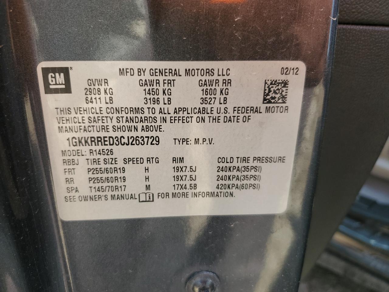 2012 GMC Acadia Slt-1 VIN: 1GKKRRED3CJ263729 Lot: 71890125