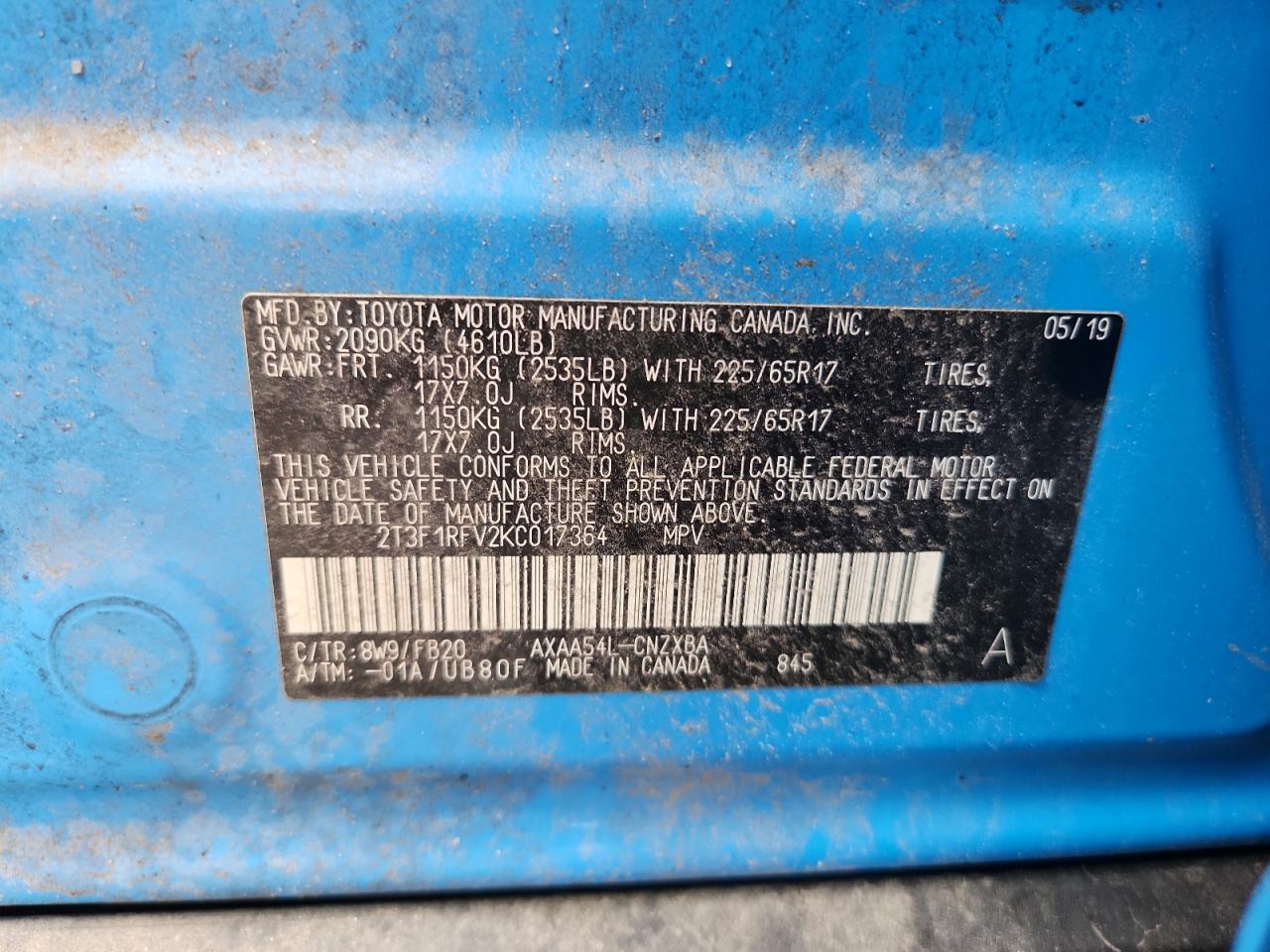 2019 Toyota Rav4 Le VIN: 2T3F1RFV2KC017364 Lot: 71020605