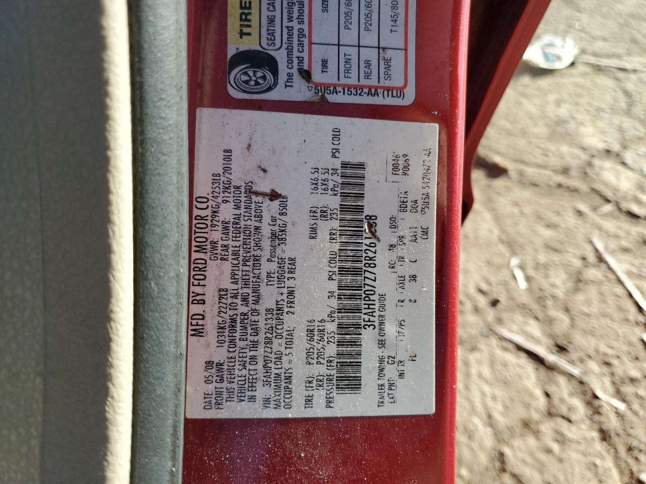 2008 Ford Fusion Se VIN: 3FAHP07Z78R261338 Lot: 84207575