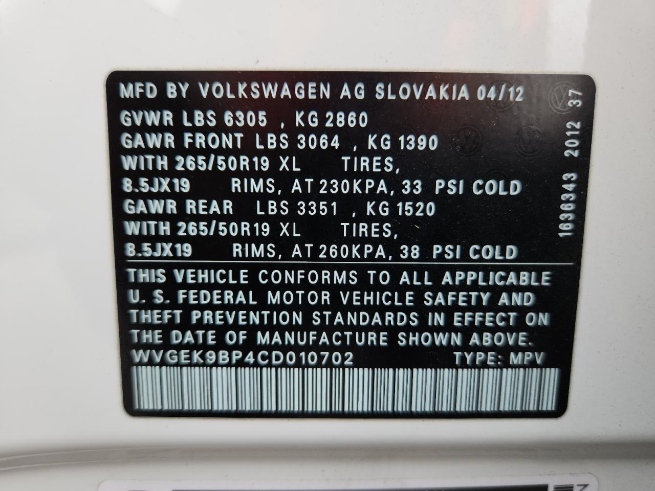 2012 Volkswagen Touareg V6 Tdi VIN: WVGEK9BP4CD010702 Lot: 80647995