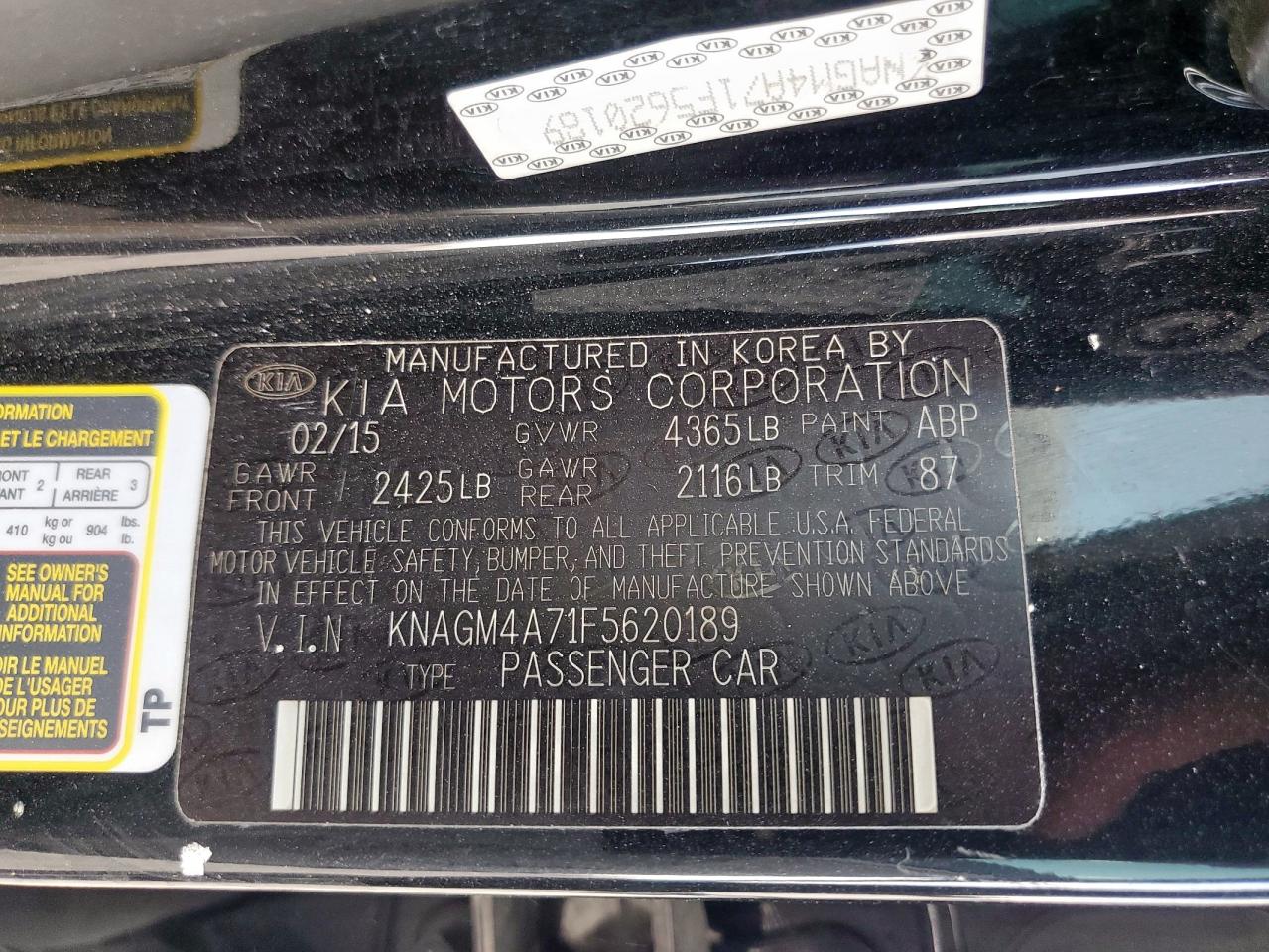 2015 Kia Optima Lx VIN: KNAGM4A71F5620189 Lot: 81969255