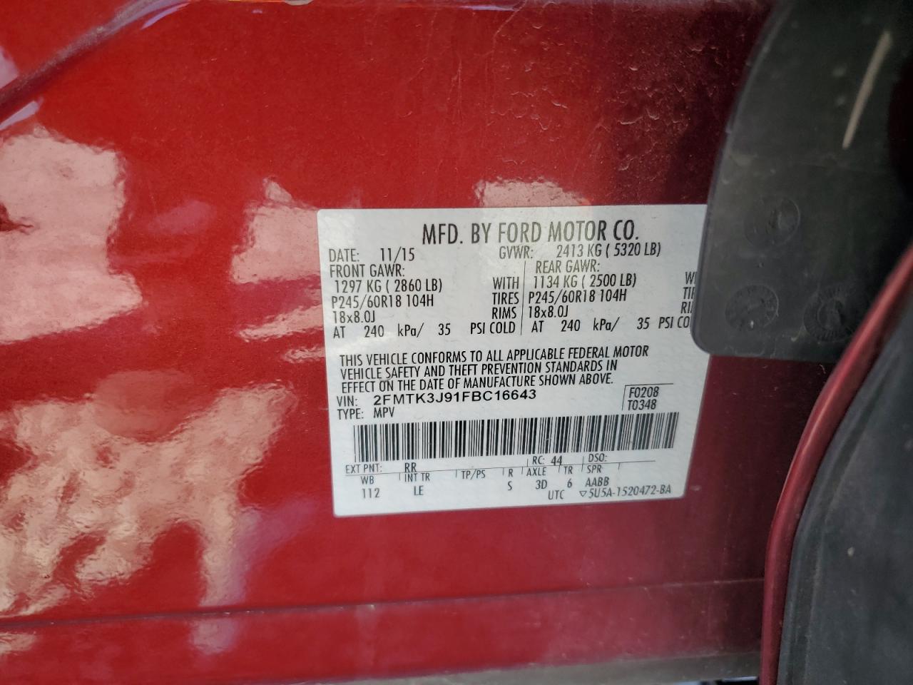 2015 Ford Edge Sel VIN: 2FMTK3J91FBC16643 Lot: 71910915