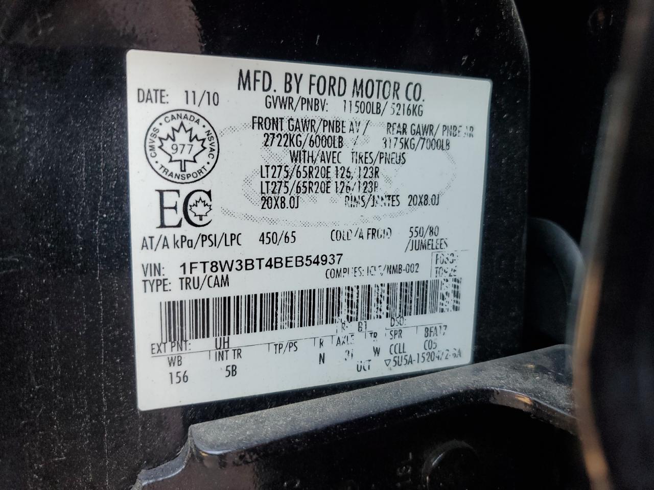 2011 Ford F350 Super Duty VIN: 1FT8W3BT4BEB54937 Lot: 69923055