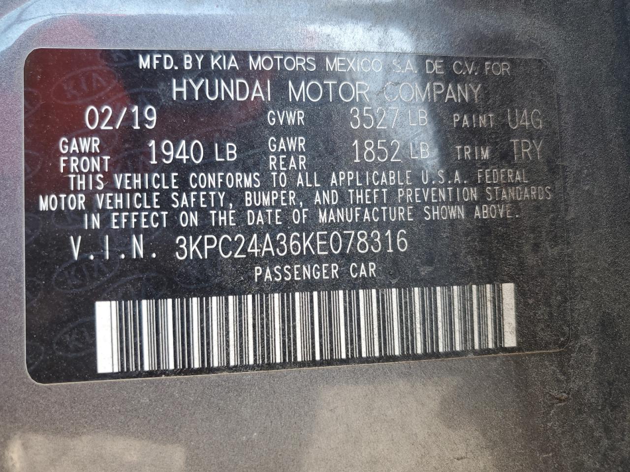 2019 Hyundai Accent Se VIN: 3KPC24A36KE078316 Lot: 84385695