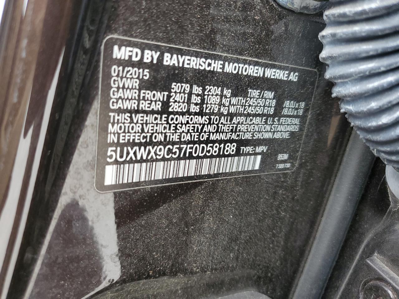 2015 BMW X3 xDrive28I VIN: 5UXWX9C57F0D58188 Lot: 70958225