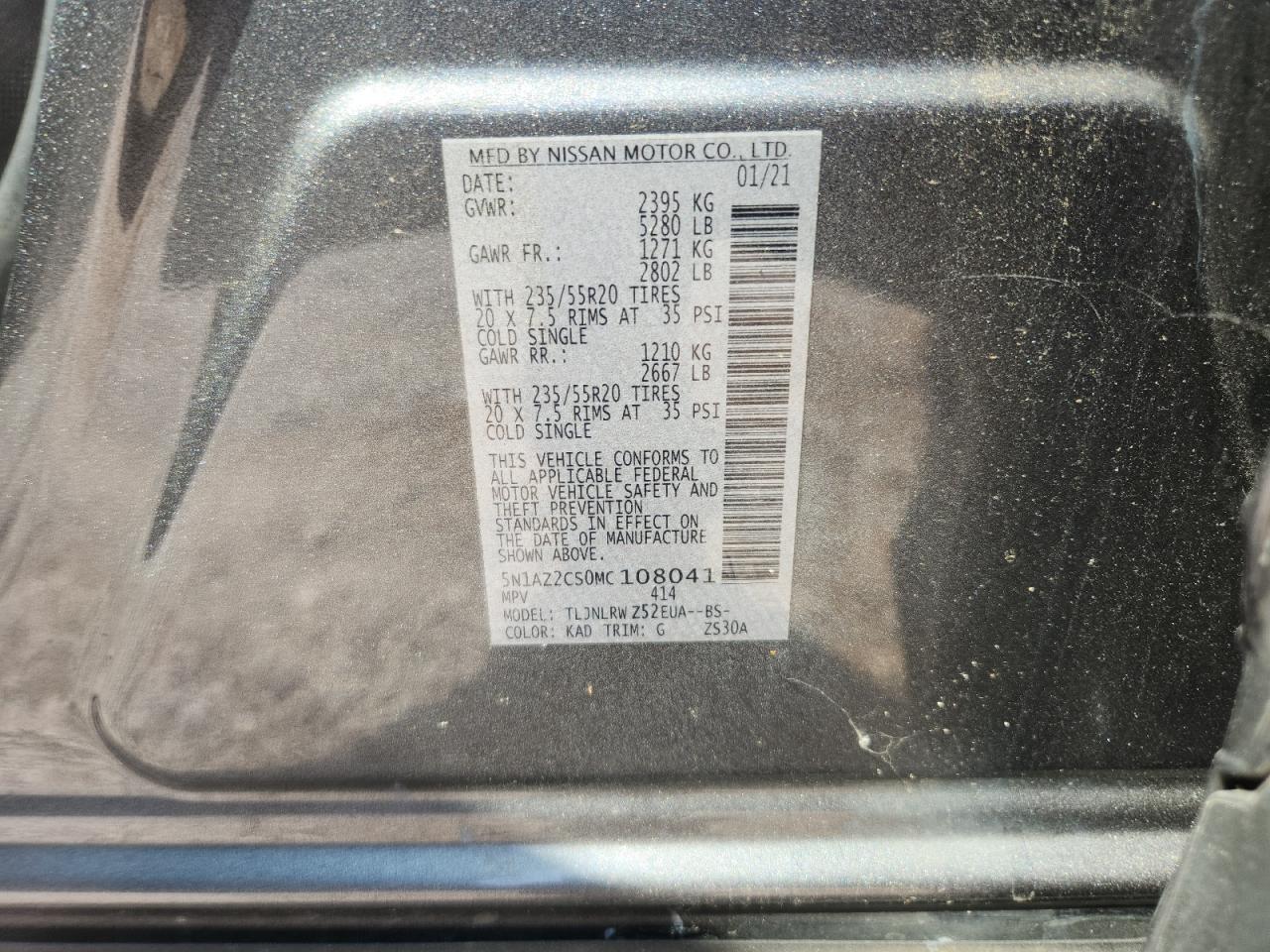 2021 Nissan Murano Sl VIN: 5N1AZ2CS0MC108041 Lot: 80778625