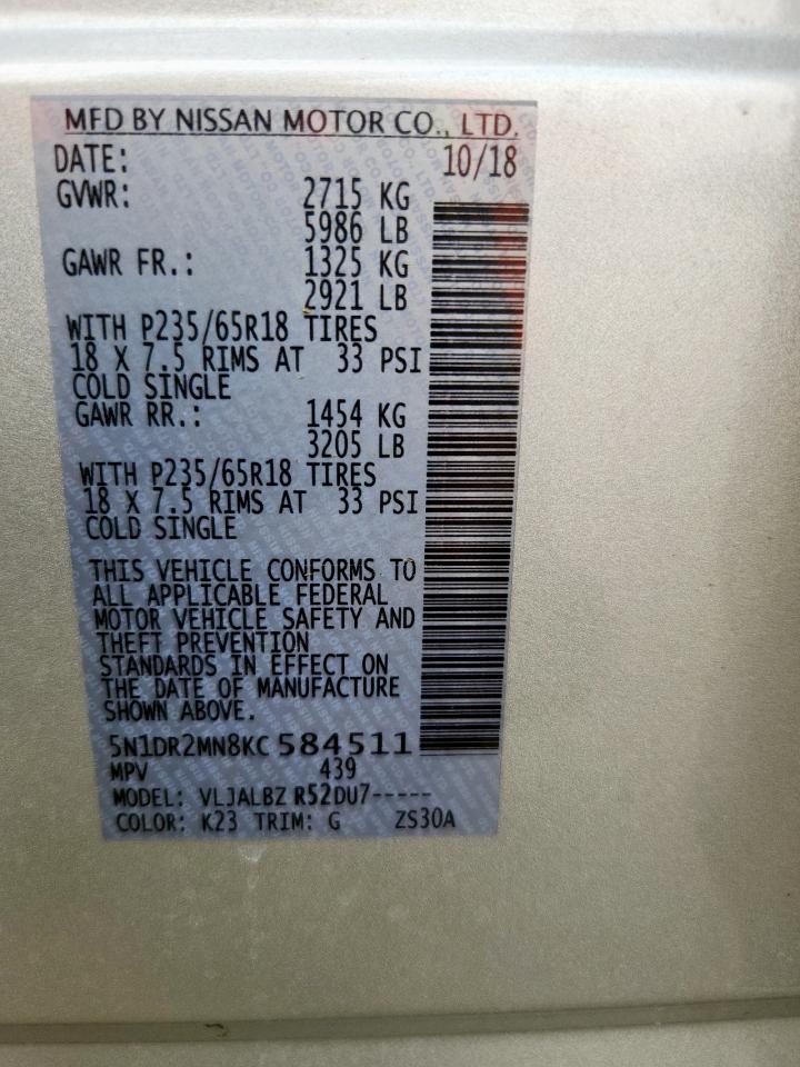 2019 Nissan Pathfinder S VIN: 5N1DR2MN8KC584511 Lot: 71975625