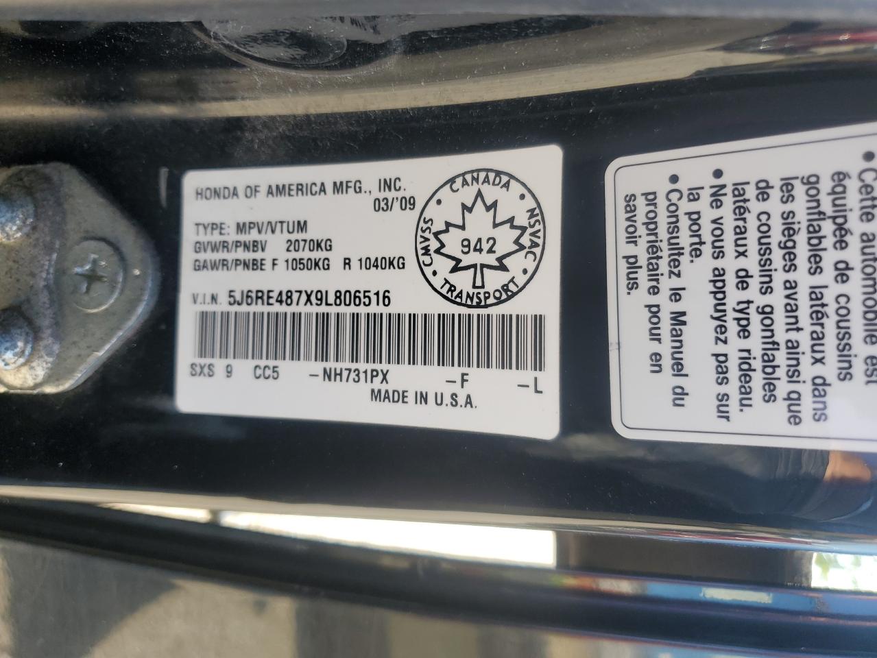 2009 Honda Cr-V Exl VIN: 5J6RE487X9L806516 Lot: 80021805