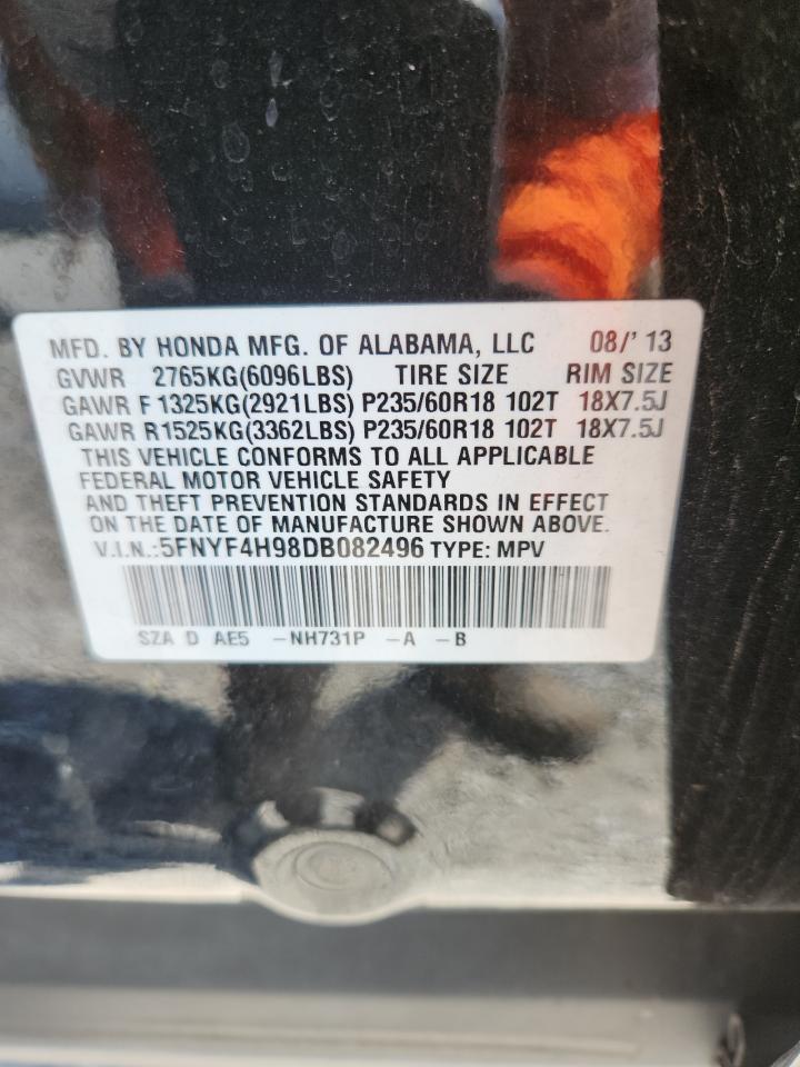 2013 Honda Pilot Touring VIN: 5FNYF4H98DB082496 Lot: 80298345