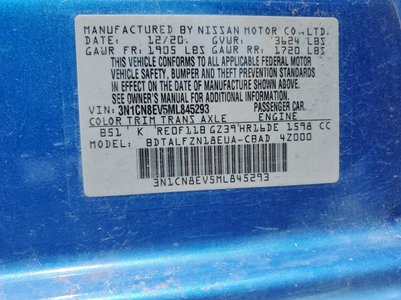 2021 Nissan Versa Sv VIN: 3N1CN8EV5ML845293 Lot: 71464025