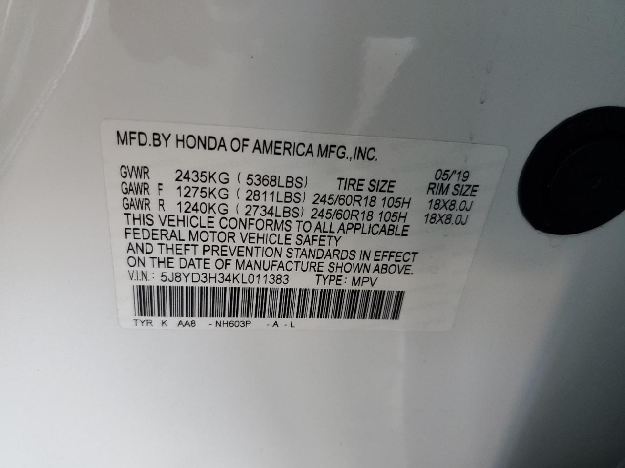 2019 Acura Mdx VIN: 5J8YD3H34KL011383 Lot: 80757615