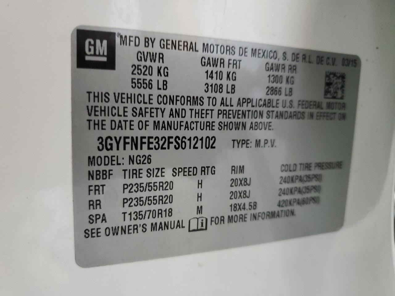 2015 Cadillac Srx Performance Collection VIN: 3GYFNFE32FS612103 Lot: 83854885