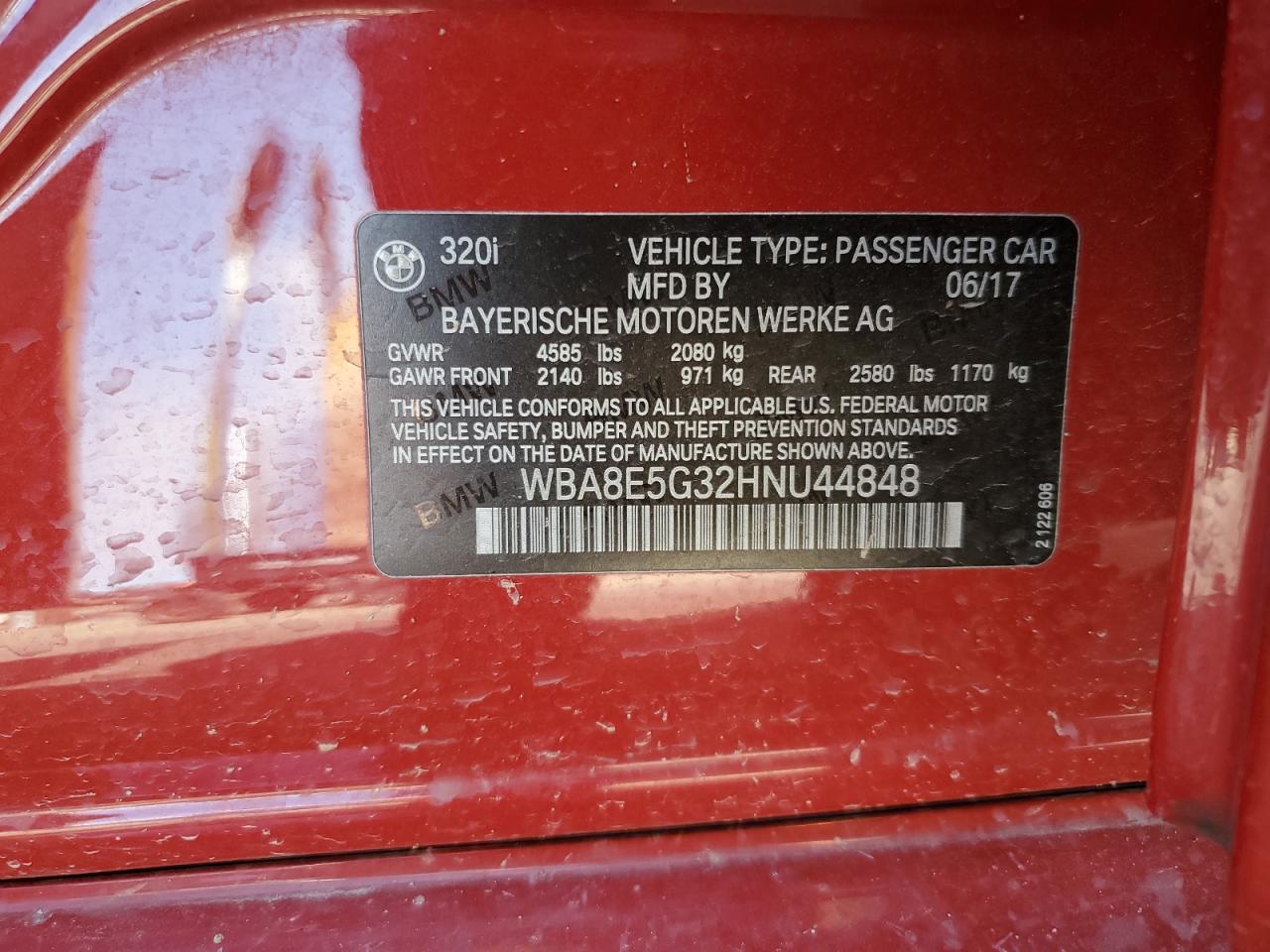 2017 BMW 320 Xi VIN: WBA8E5G32HNU44848 Lot: 81826265