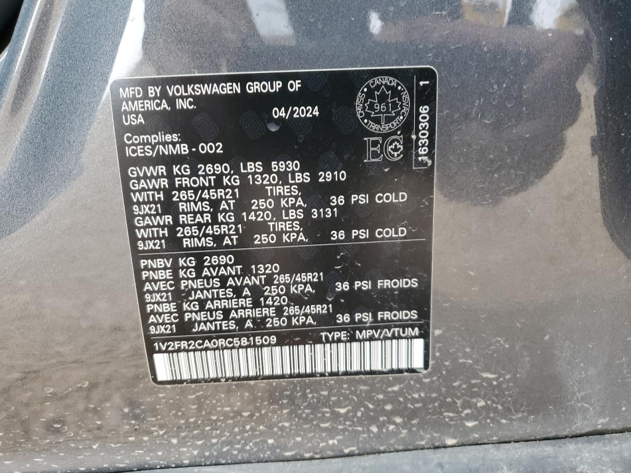 2024 Volkswagen Atlas Sel Premium R-Line VIN: 1V2FR2CA0RC581509 Lot: 80296715