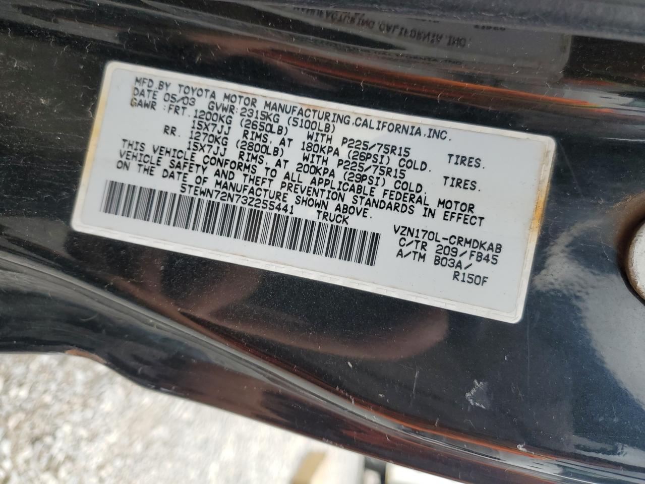 2003 Toyota Tacoma Xtracab VIN: 5TEWN72N73Z255441 Lot: 71241825