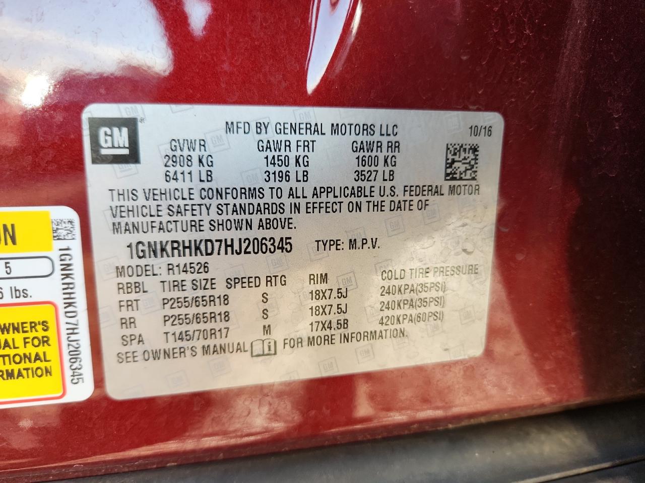 2017 Chevrolet Traverse Lt VIN: 1GNKRHKD7HJ206345 Lot: 83944205