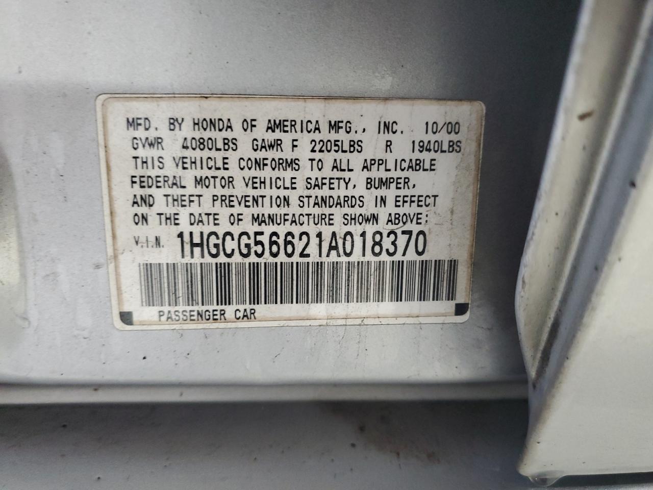 2001 Honda Accord Ex VIN: 1HGCG56621A018370 Lot: 81444985