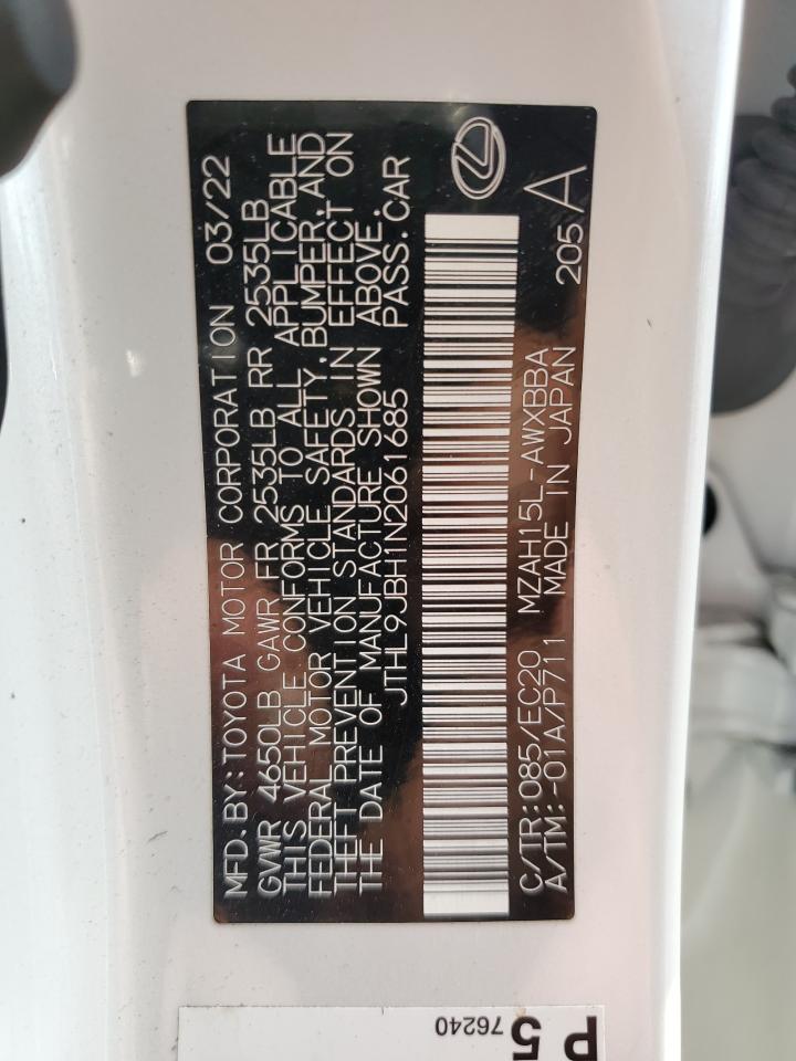 2022 Lexus Ux 250H Base VIN: JTHL9JBH1N2061685 Lot: 81034585