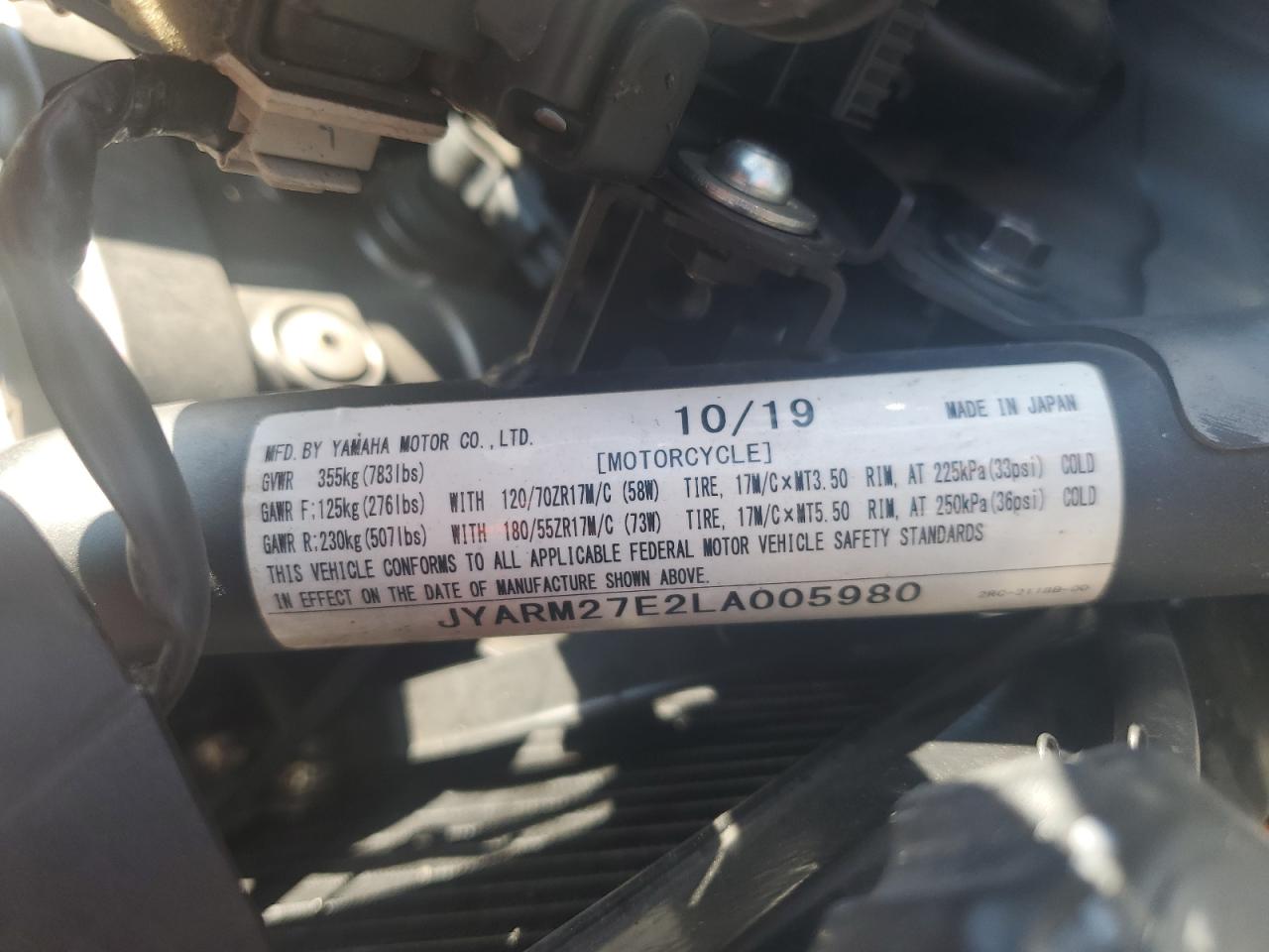 2020 Yamaha Mt07 VIN: JYARM27E2LA005980 Lot: 80252695