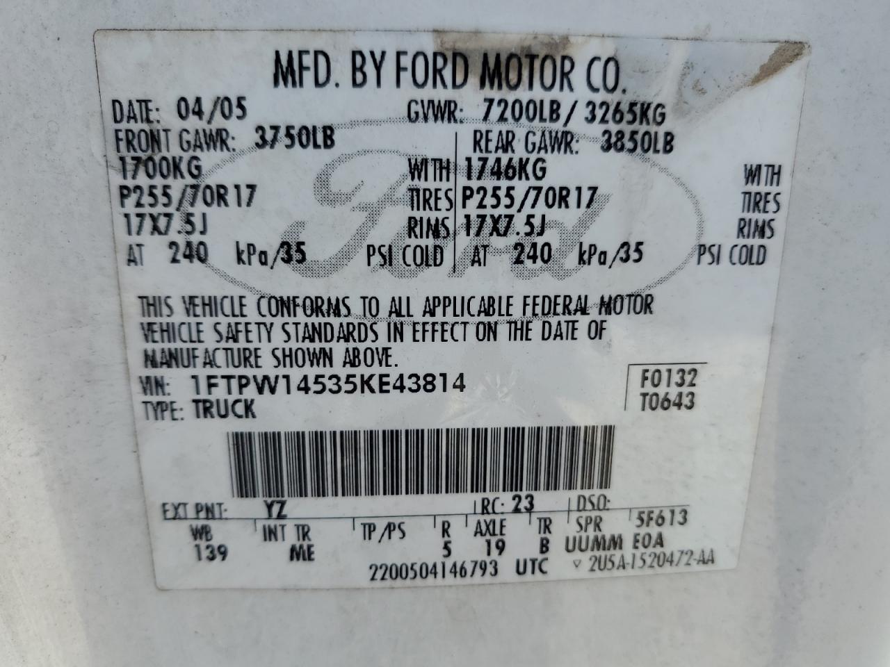 2005 Ford F150 Supercrew VIN: 1FTPW14535KE43814 Lot: 80818965