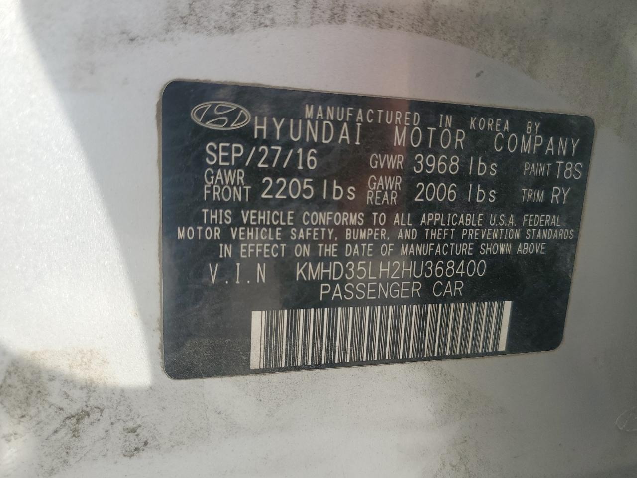 2017 Hyundai Elantra VIN: KMHD35LH2HU368400 Lot: 80385125