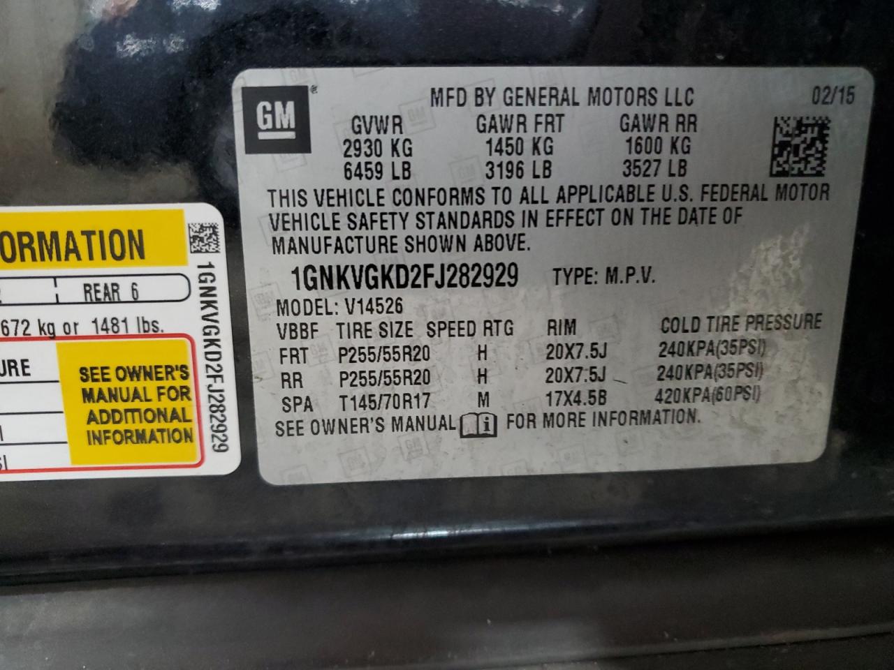 2015 Chevrolet Traverse Lt VIN: 1GNKVGKD2FJ282929 Lot: 84804865