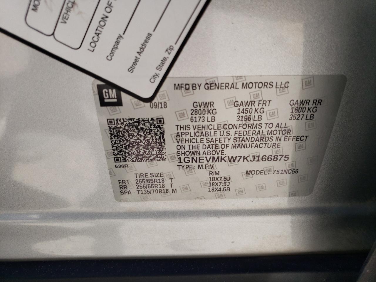 2019 Chevrolet Traverse Lt VIN: 1GNEVMKW7KJ166875 Lot: 80469475