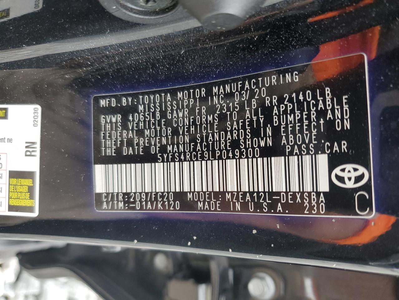 2020 Toyota Corolla Se VIN: 5YFS4RCE9LP049300 Lot: 84369305