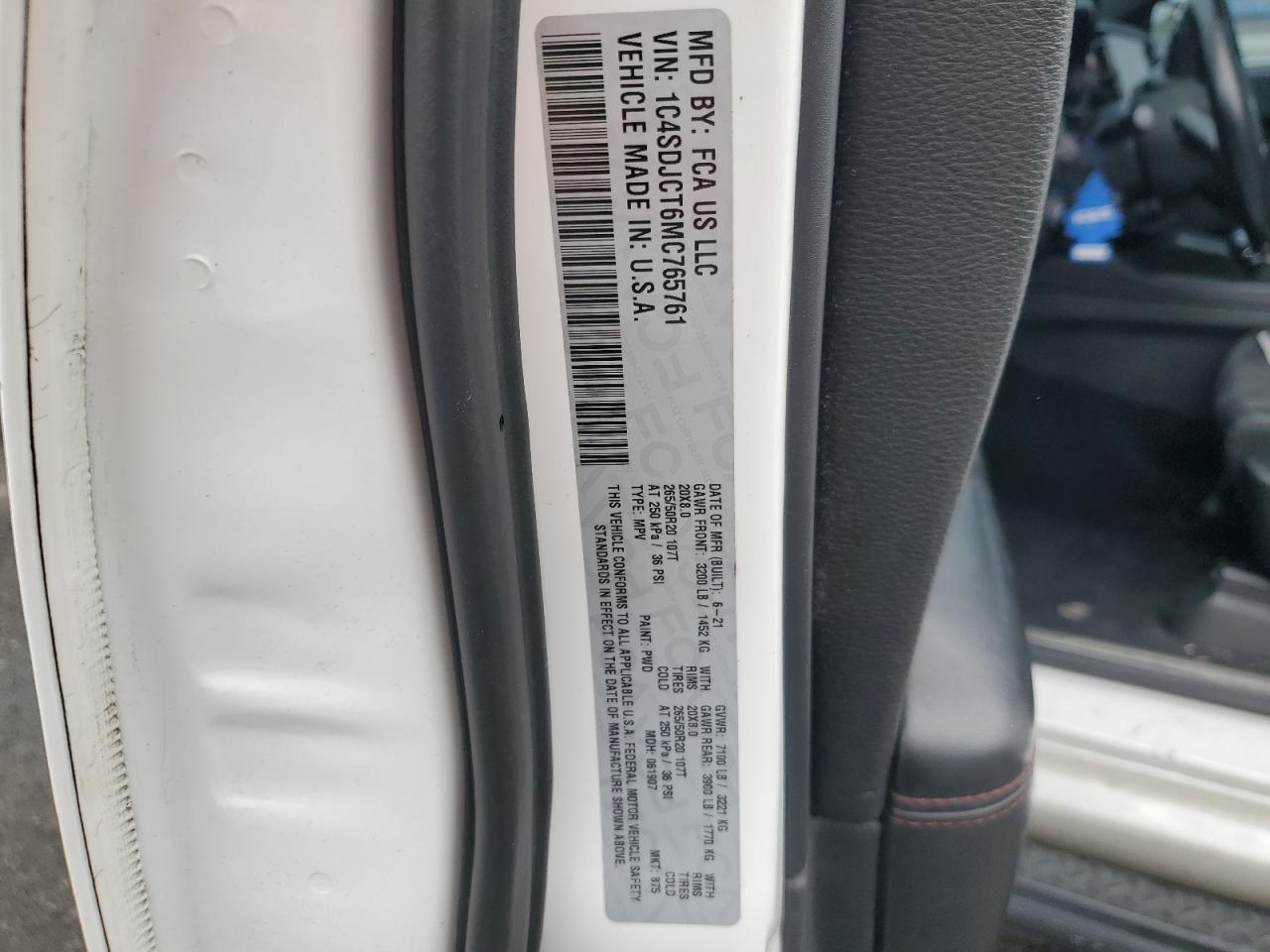 2021 Dodge Durango R/T VIN: 1C4SDJCT6MC765761 Lot: 72066315