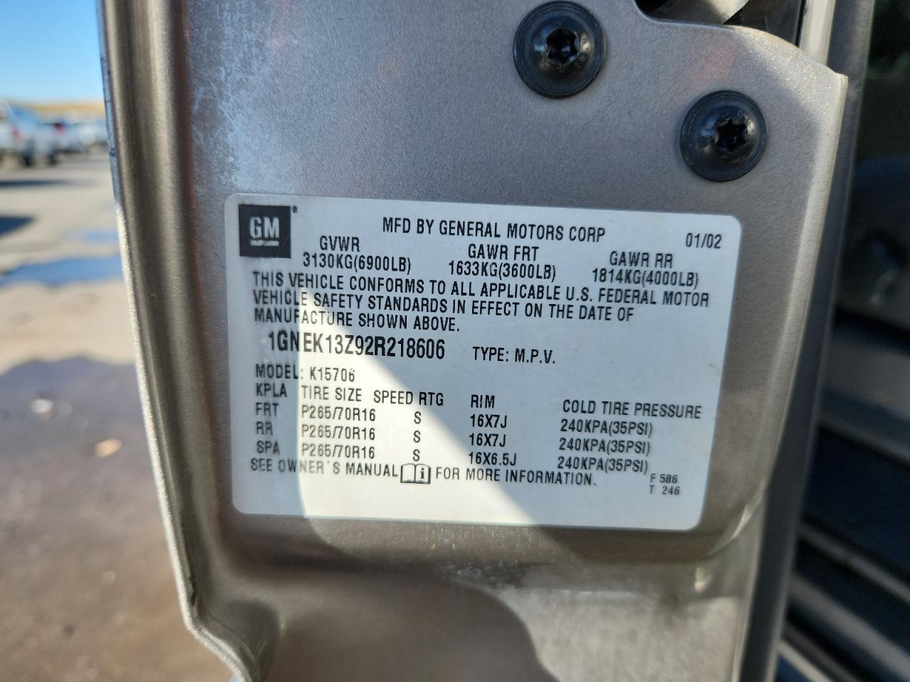 2002 Chevrolet Tahoe K1500 VIN: 1GNEK13Z92R218606 Lot: 80746055