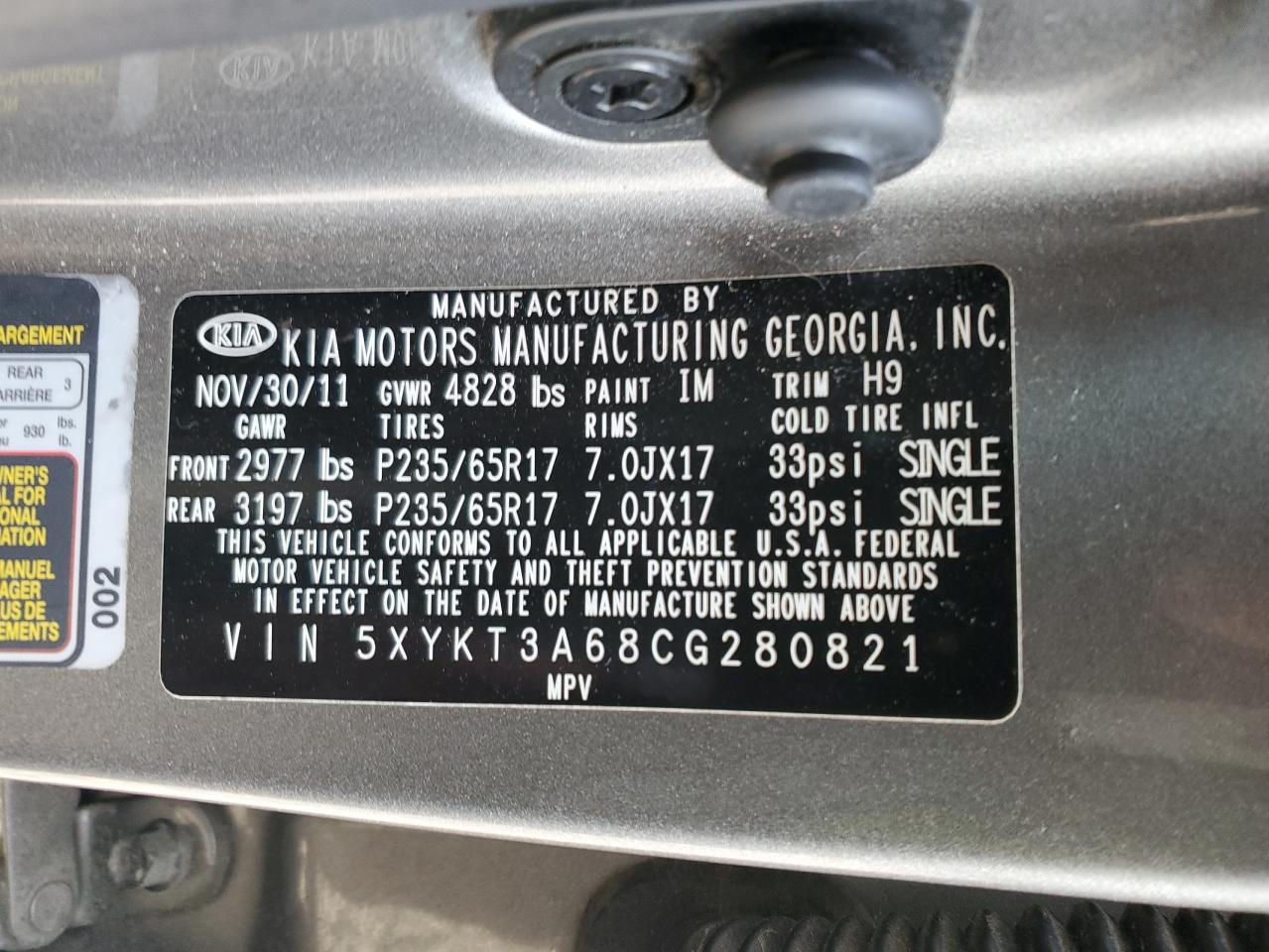 2012 Kia Sorento Base VIN: 5XYKT3A68CG280821 Lot: 82055115