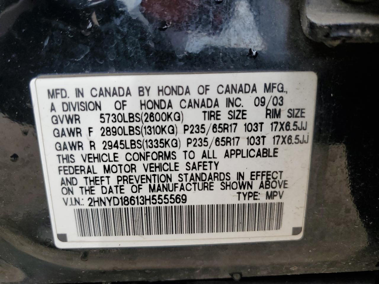 2003 Acura Mdx Touring VIN: 2HNYD18613H555569 Lot: 80737415